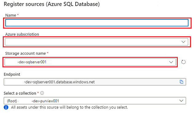 Screenshot that shows the Register SQL Database form, with values highlighted.