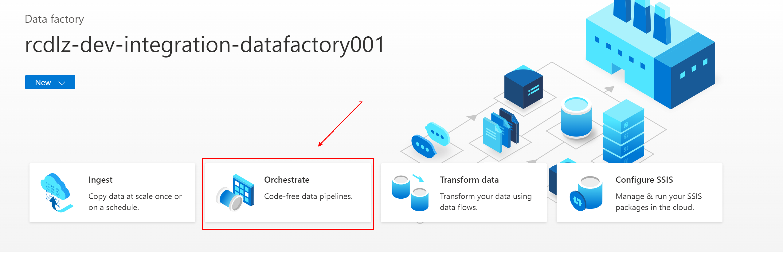 Screenshot that shows the Orchestrate button in Azure Data Factory.