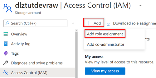 Screenshot that shows the storage account service principal Access Control pane that shows how to add a role assignment.