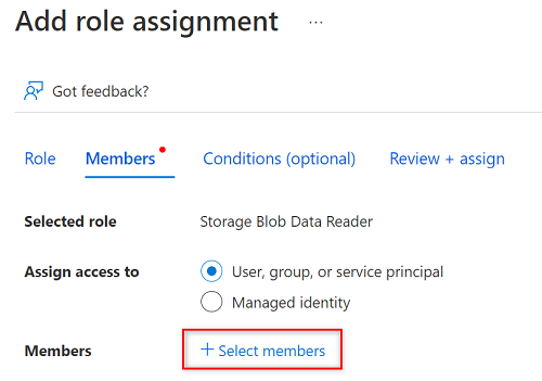 Screenshot that shows select members pane under add role assignment.