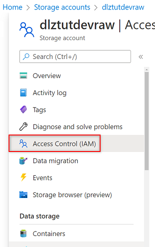 Screenshot that shows the storage account service principal permissions pane, with Access Control highlighted.