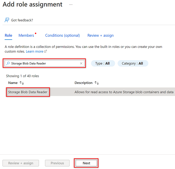 Screenshot that shows searching for Storage Blob Data Reader under Add role assignment.