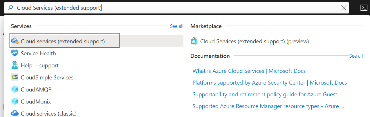 Schermopname van zoeken in Cloud Services (uitgebreide ondersteuning) in Azure Portal en het resultaat selecteren.