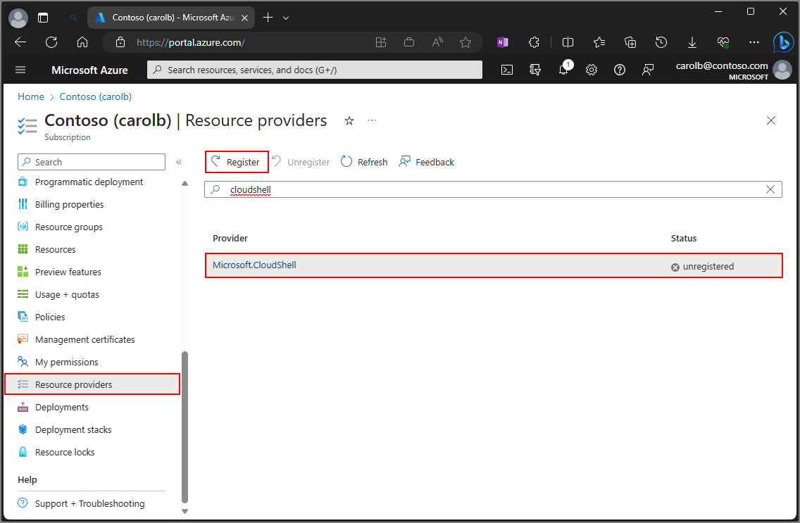 Schermopname van het selecteren van resourceproviders in Azure Portal.