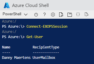 Schermopname van een Azure-Cloud Shell waarop de opdrachten Connect-EXOPSSession en Get-User worden uitgevoerd.