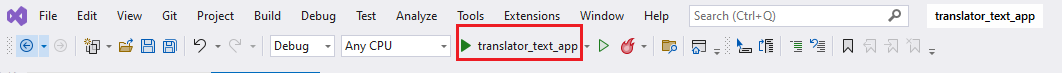 Schermopname van de knop Programma uitvoeren in Visual Studio.