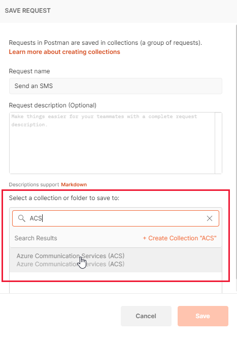 Schermopname van het dialoogvenster Postman Save Request met de Communication Services-verzameling geselecteerd.