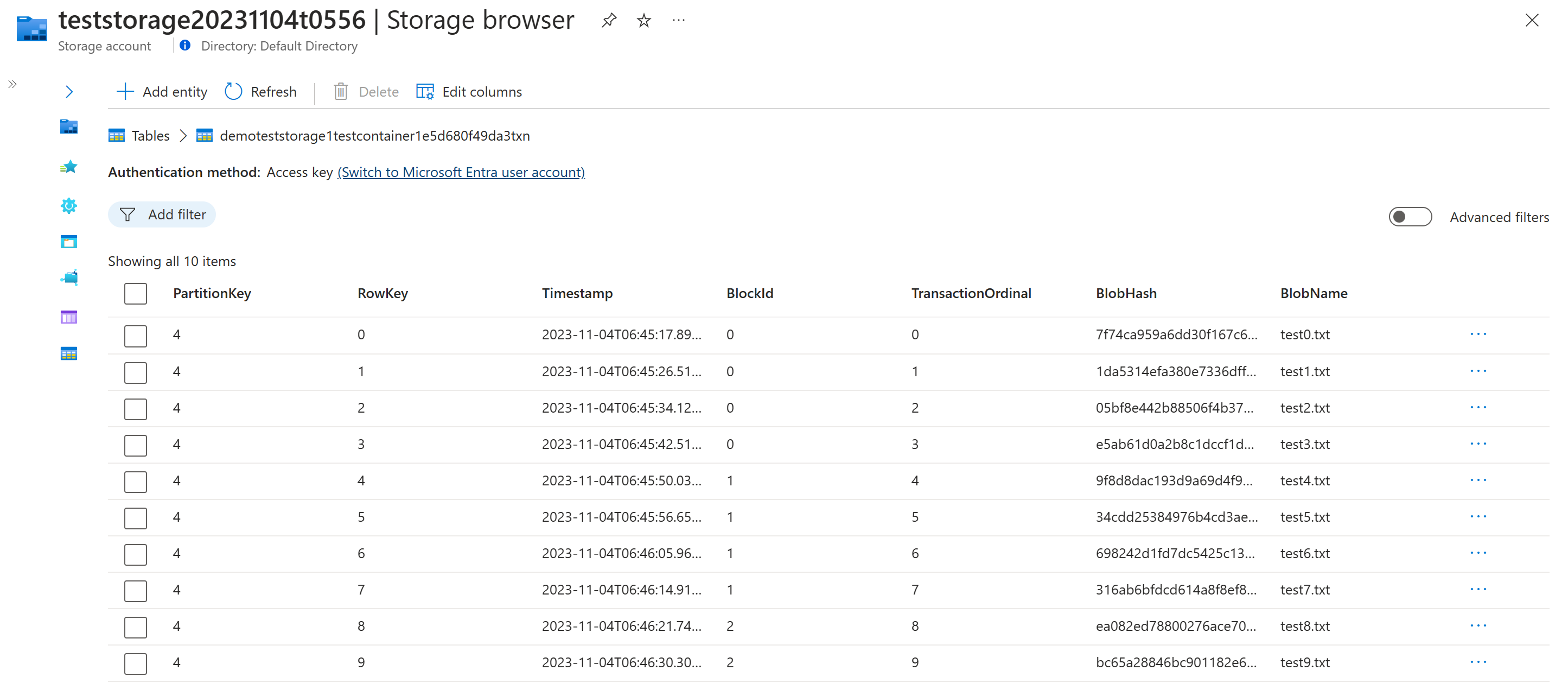 Schermopname van de transactietabel waarin blob-hashes worden opgeslagen.