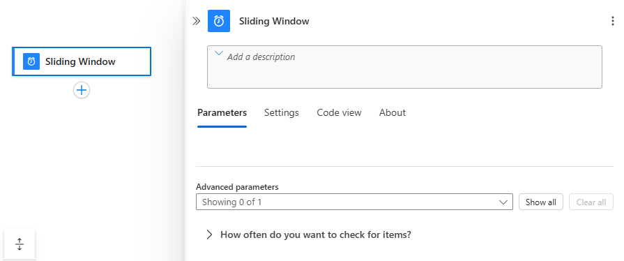 Schermopname van de ontwerper met een niet-geconfigureerde trigger met de naam Sliding Window.