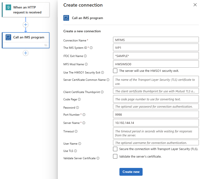 Screenshot shows IMS action's connection properties.