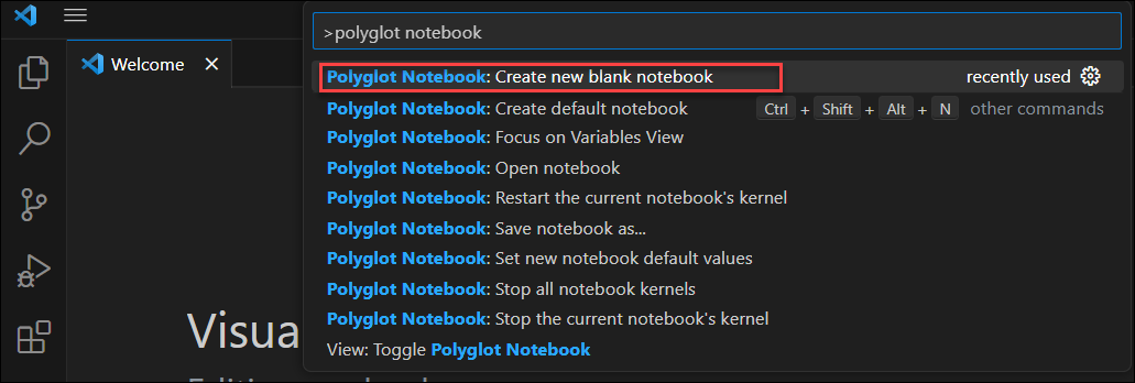 Schermopname van de opdracht Nieuwe Polyglot-notebook maken in Visual Studio Code.