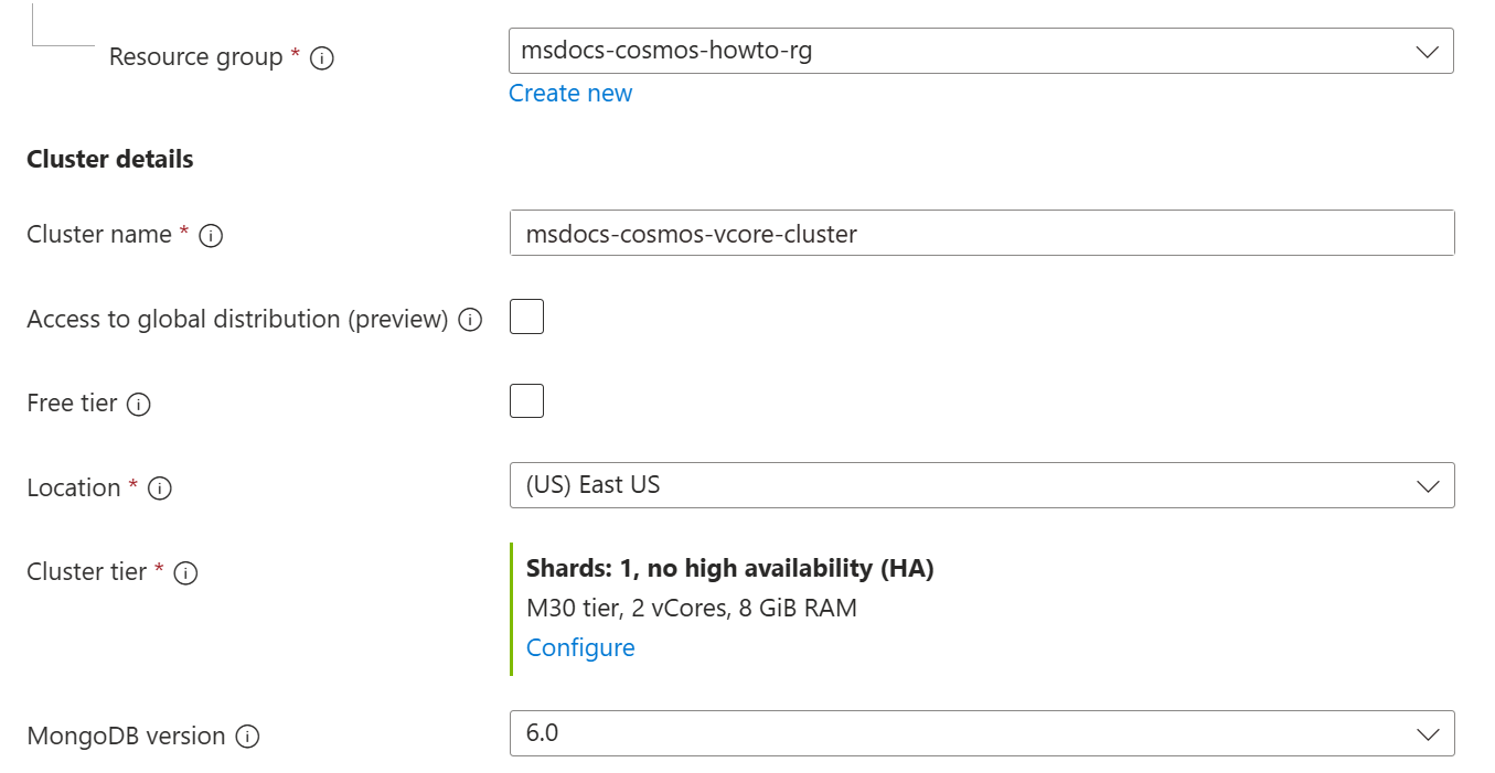 Screenshot of various configuration options for a cluster.