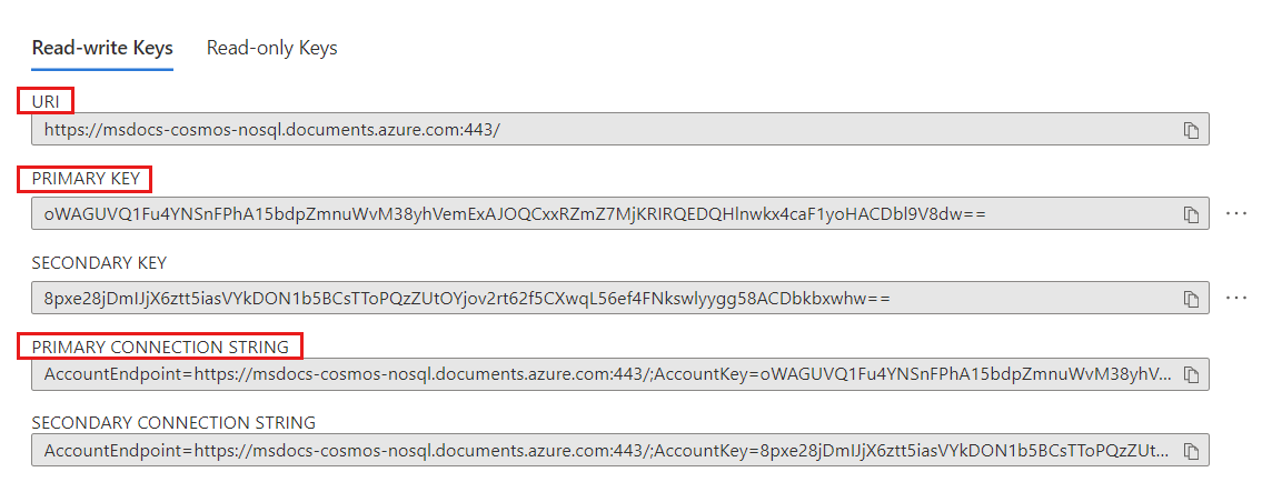 Schermopname van de pagina Sleutels met de velden URI, Primaire sleutel en Primaire Verbinding maken reeks gemarkeerd.