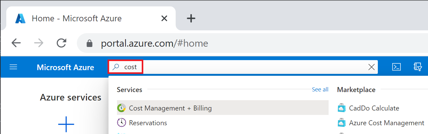 Schermopname van een zoekopdracht naar Cost Management en Facturering in Azure Portal.