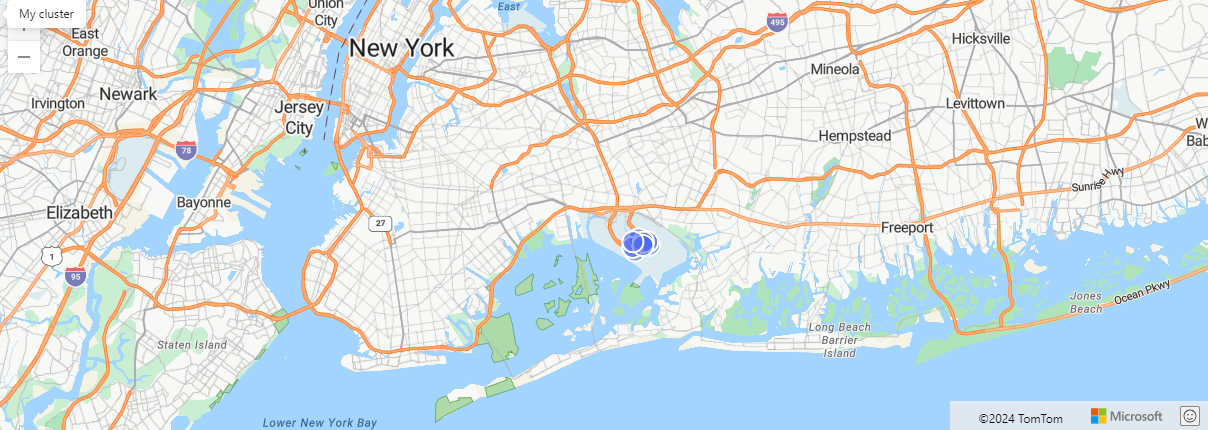Schermopname van een voorbeeld van het weergeven van een querytoewijzing van lijnen die zijn gevouwen in een meerregel. Het voorbeeld zijn alle taxi pick-ups op 10 km afstand van alle Manhattan wegen.