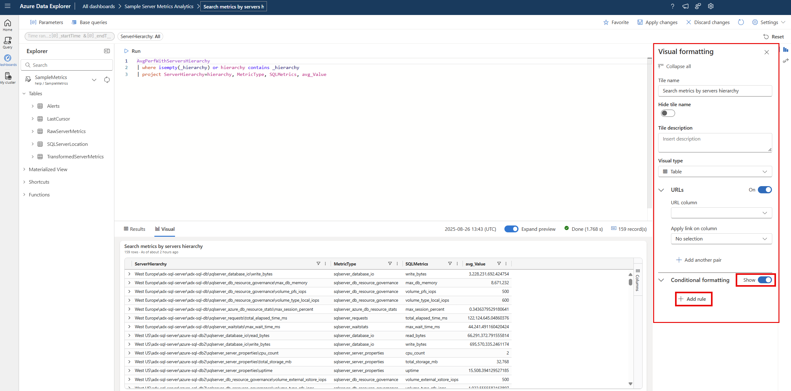 Schermopname van het toevoegen van voorwaardelijke opmaak in dashboards in de webgebruikersinterface van Azure Data Explorer.