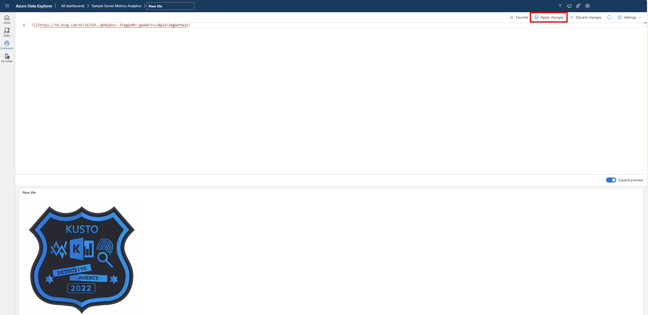 Schermopname van het deelvenster Dashboardquery met de weergegeven afbeelding. 