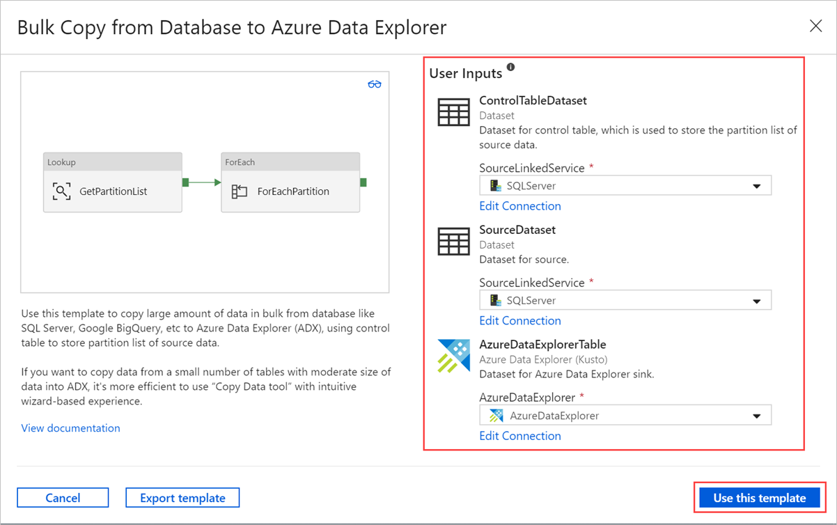 Het deelvenster Bulksgewijs kopiëren van database naar Azure Data Explorer