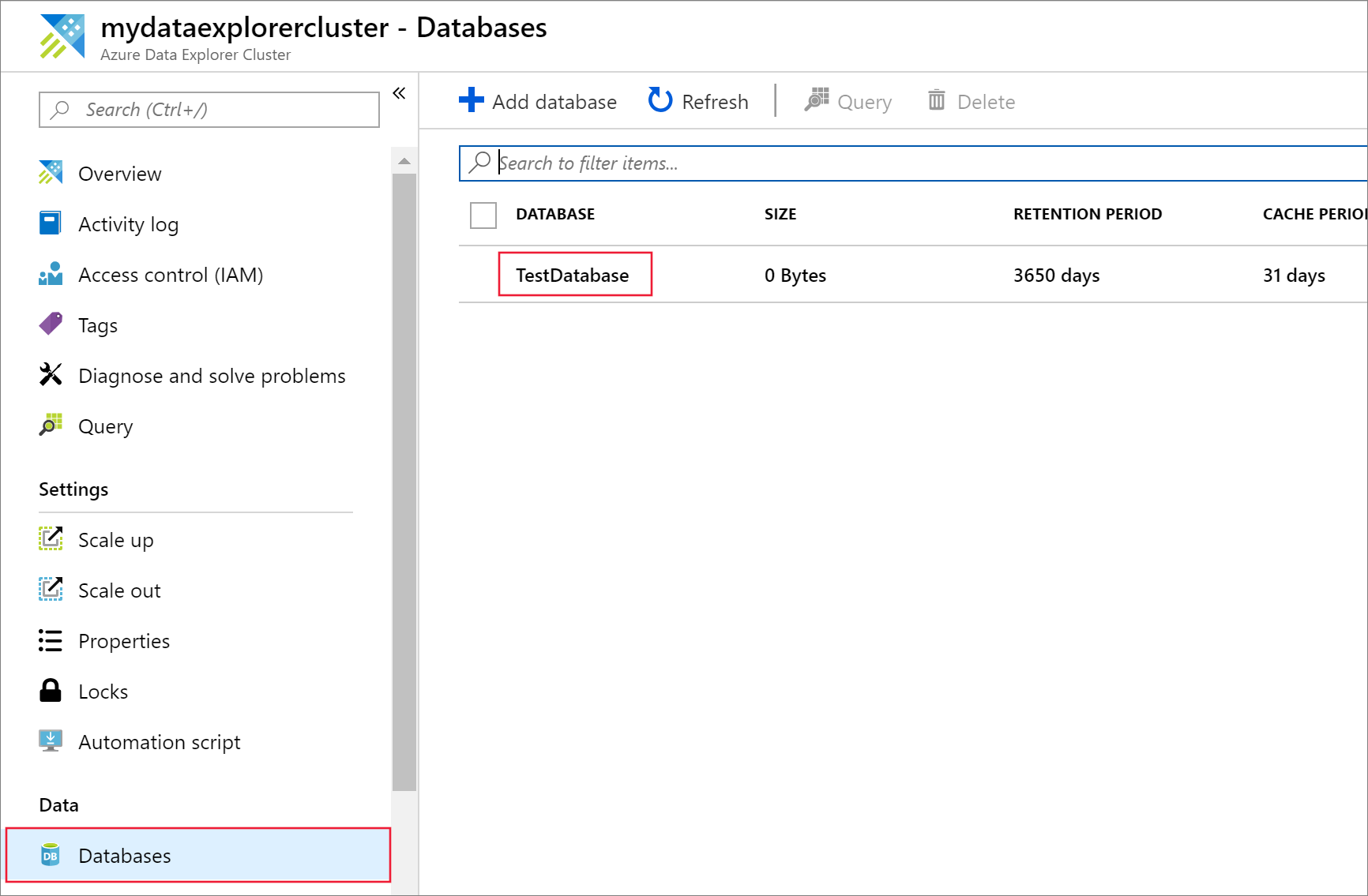 Schermopname van Azure Data Explorer web U I linkermenu met het item Database testen geselecteerd.