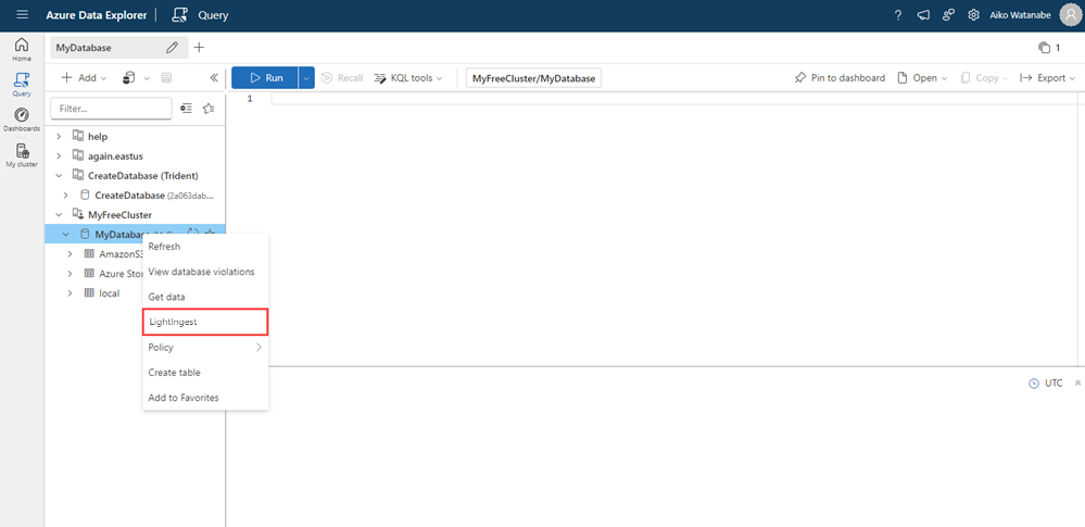 Schermopname van de webinterface van Azure Data Explorer met het menu Meer database.