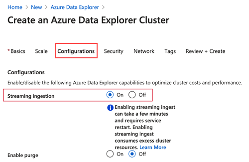 Schakel streamingopname in tijdens het maken van een cluster in Azure Data Explorer.