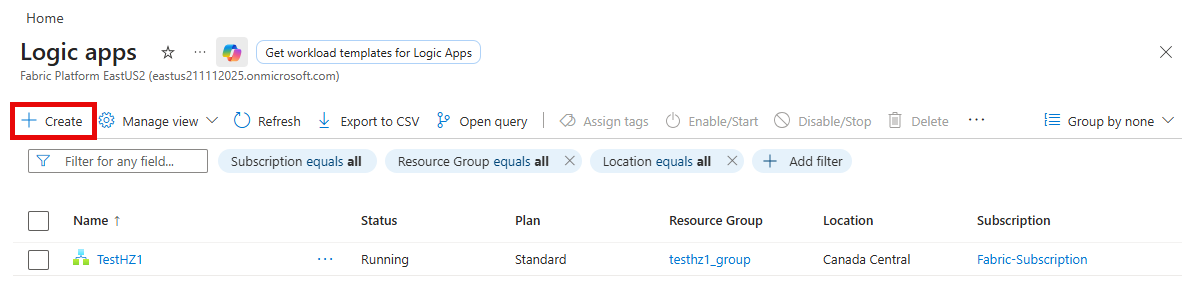Schermopname van de pagina Logische apps met de knop Logische app toevoegen.