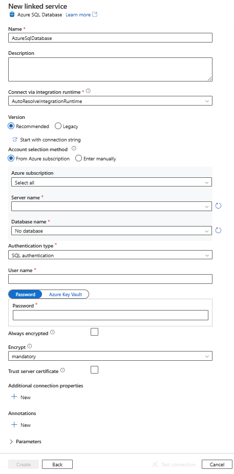 Schermopname van de configuratie voor de gekoppelde Azure SQL Database-service.