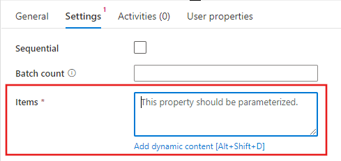 Shows the  Add dynamic content  link for the Items property.