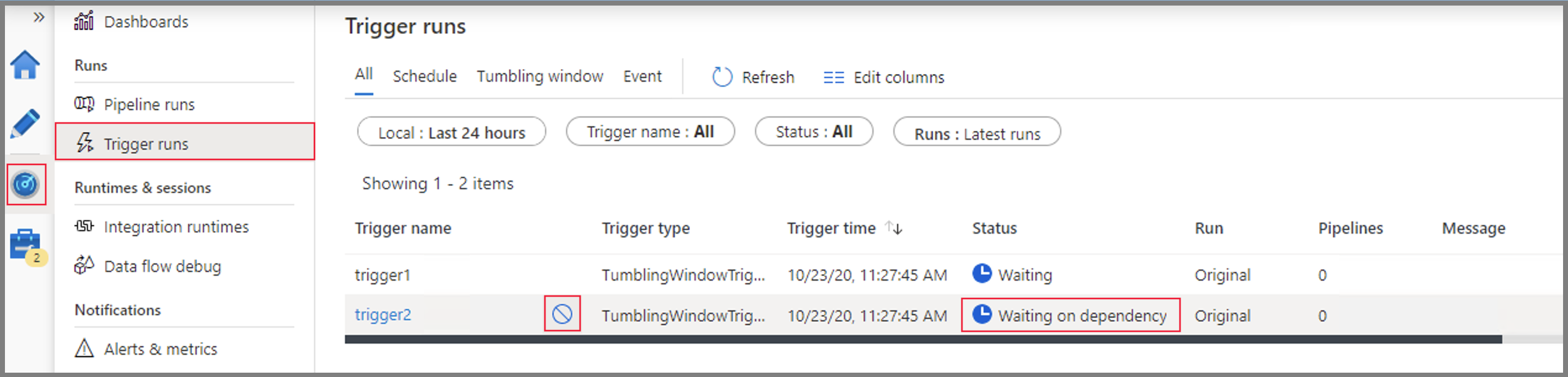 Schermopname van het annuleren van een tumblingvenstertrigger vanaf de pagina Bewaking in Data Factory.