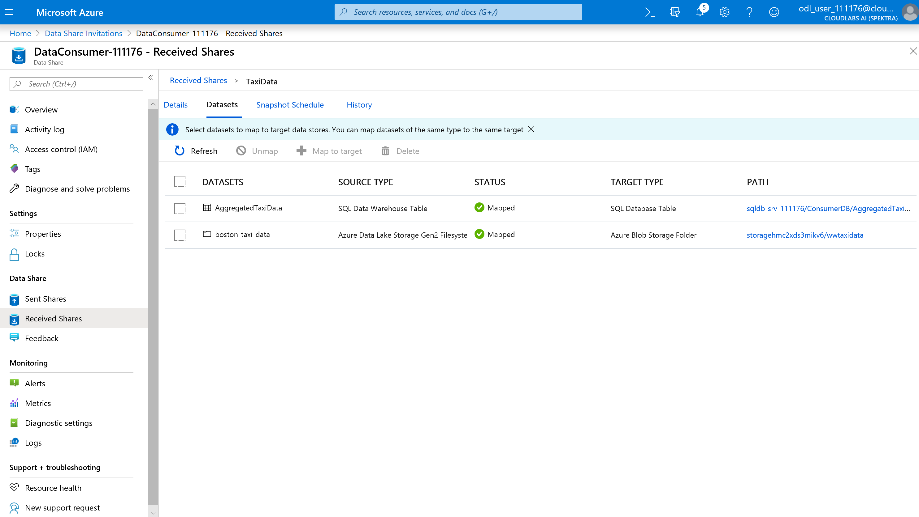 Screenshot from the Azure portal of received shares mapped.
