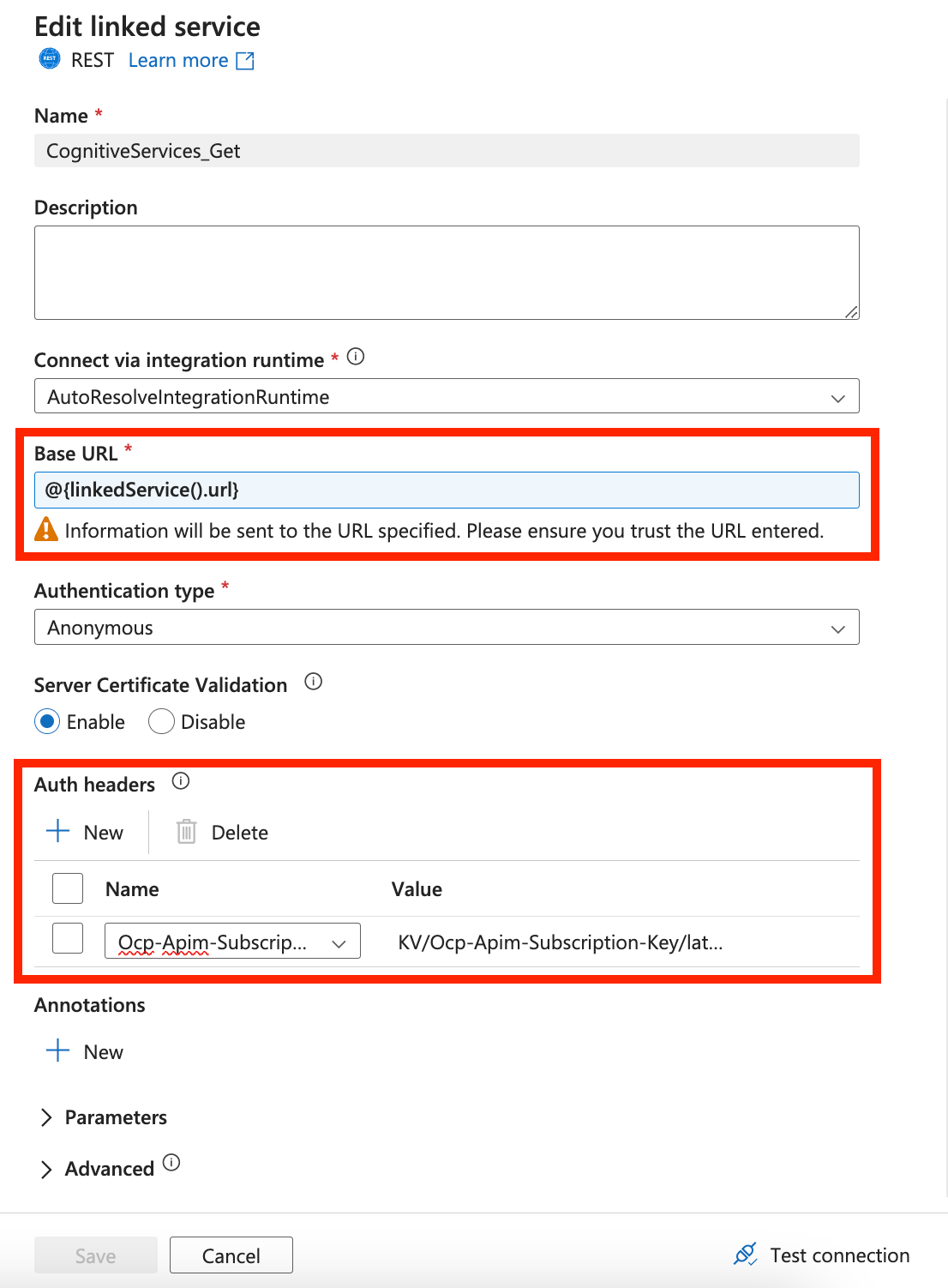 Schermopname van de gekoppelde servicebasis-URL die verwijst naar de gekoppelde serviceparameter en Auth-headers die moeten worden toegevoegd.