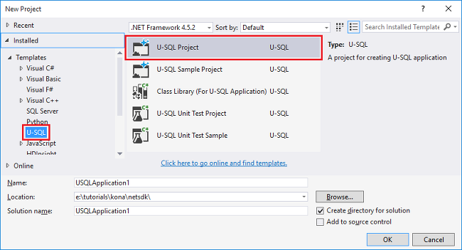 nieuw U-SQL Visual Studio-project
