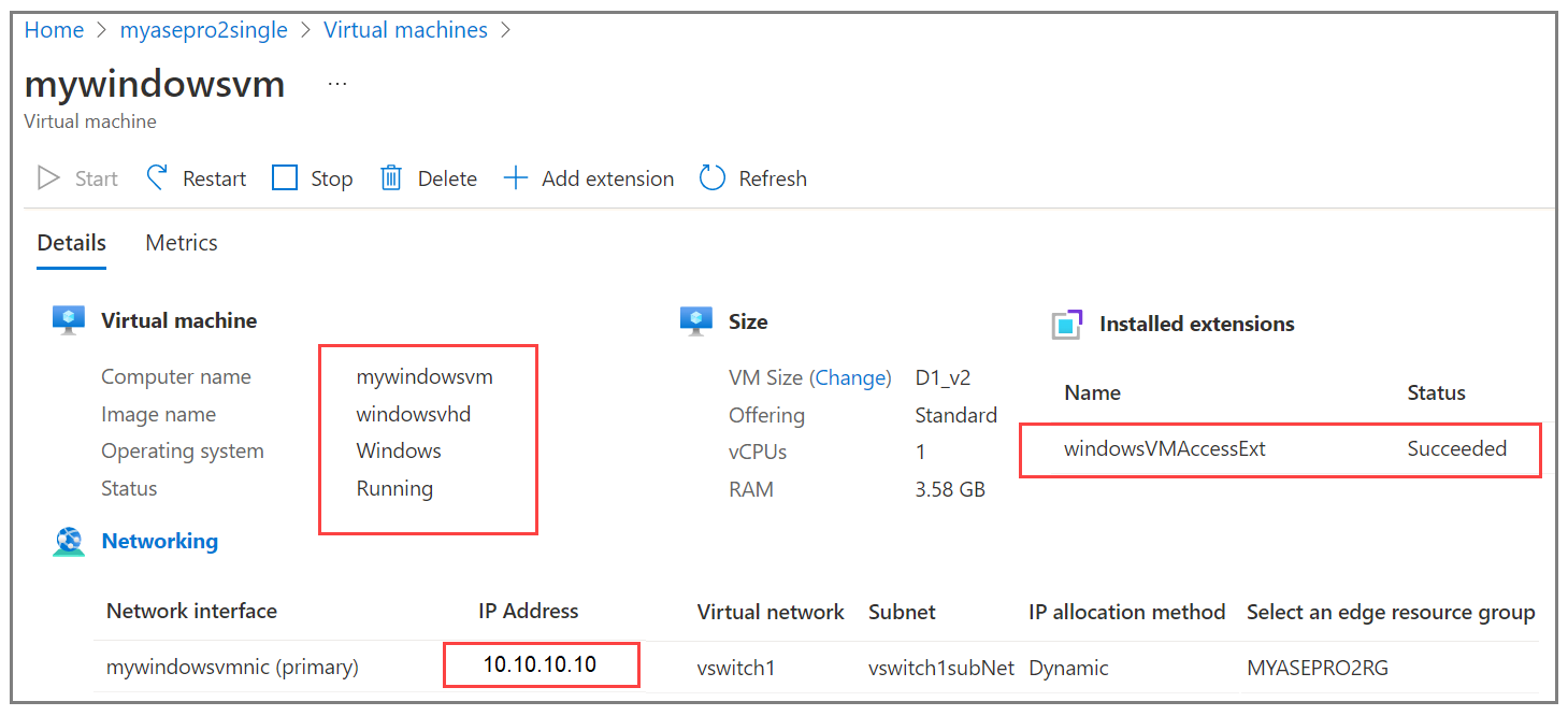 Schermopname van het deelvenster MET VM-details met bijschriften voor de netwerkinterface en geïnstalleerde extensies in Windows.