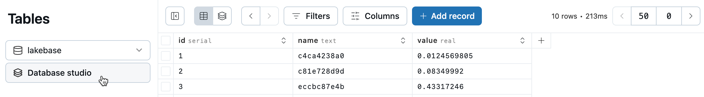 De editor voor Lakebase-tabellen selecteert data studio