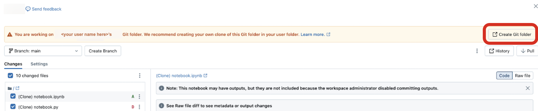 Klik op de knop Koppeling naar Git-map kopiëren om de Git-opslagplaatsconfiguratie voor de map te delen met een andere gebruiker in uw Databricks-organisatie