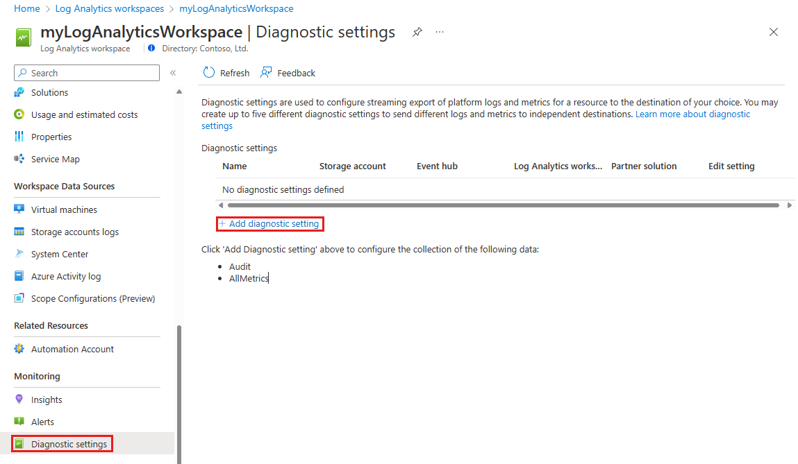 Schermopname van het zoeken naar de diagnostische instelling van de Log Analytics-werkruimte.