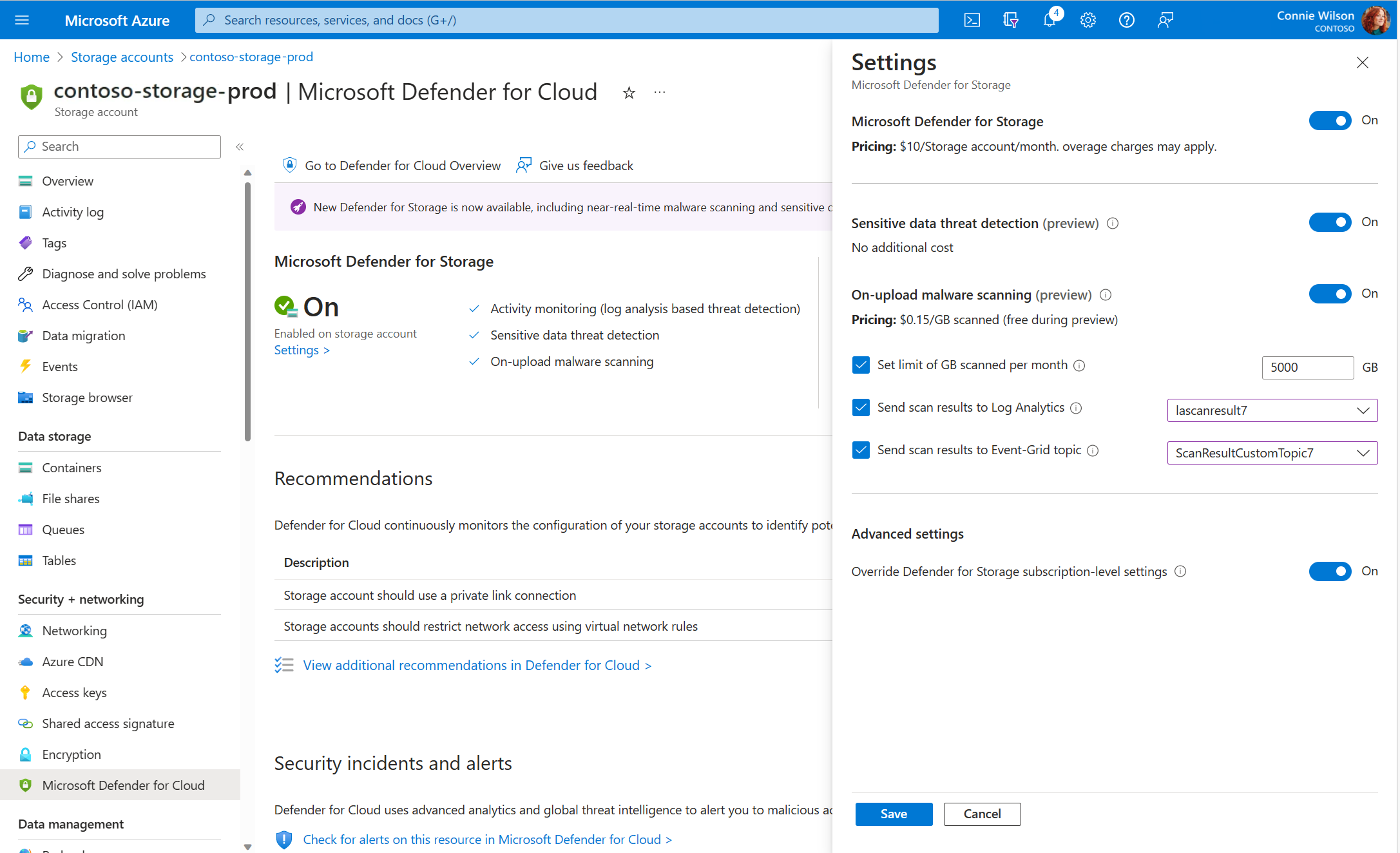Schermopname die laat zien waar Defender for Storage moet worden uitgeschakeld in Azure Portal.