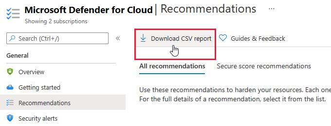 De knop CSV-rapport downloaden van Security Center om aanbevelingsgegevens te exporteren.