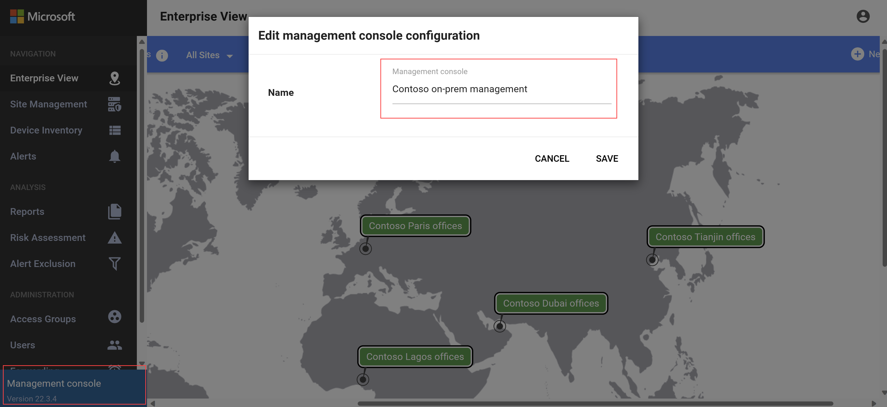 Screenshot of how to change the name of your on-premises management console.