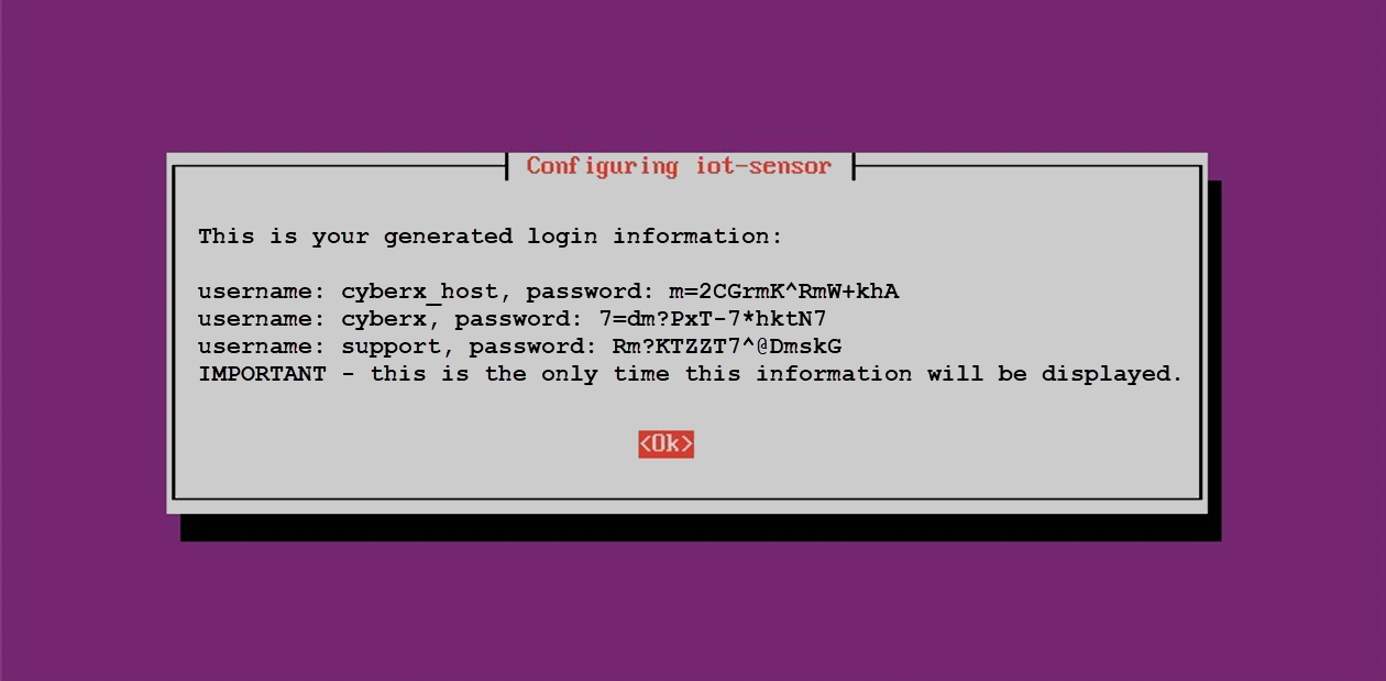 Schermopname van het laatste scherm van de installatie met gebruikersnamen en wachtwoorden.