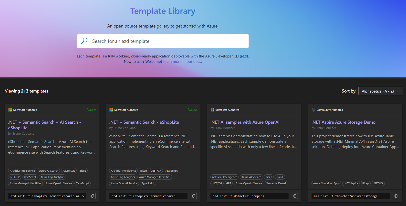 Een schermopname van de startpagina van de galerie Geweldige AZD-sjablonen.