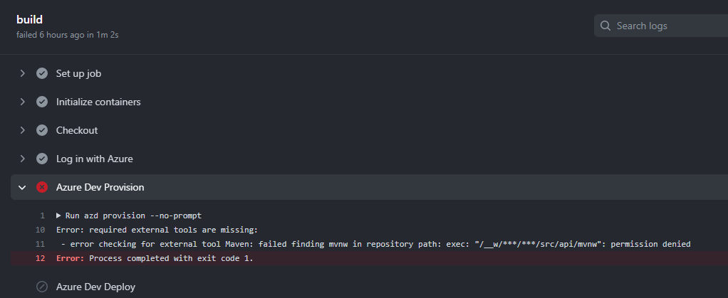 Schermopname van de fout die is ontvangen bij het uitvoeren van azd pipeline-configuratie met AzDo voor Java in Windows.