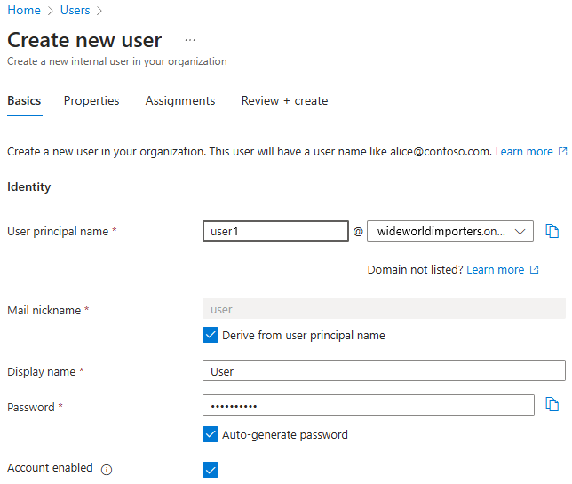 Schermopname van Azure Portal met het deelvenster Basisbeginselen voor nieuwe gebruikers maken voor een gewone gebruiker.