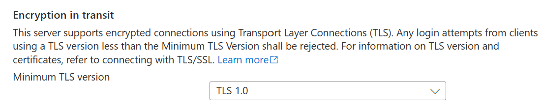 Schermopname van het configureren van TLS 1.0 voor SQL Database-netwerken.