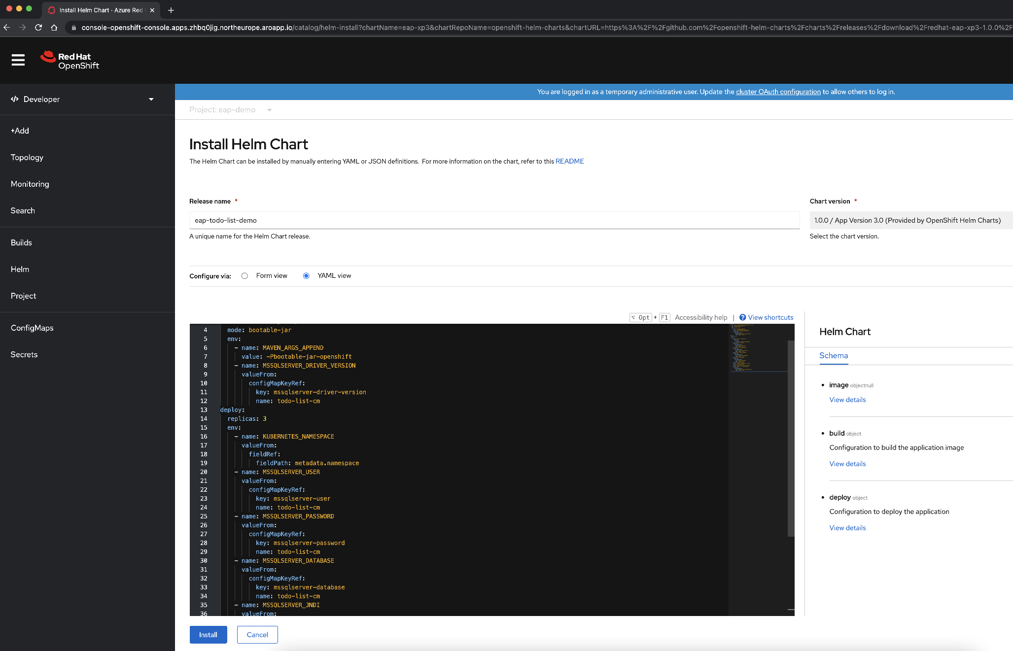 YAML-inhoud voor OpenShift-console EAP Helm Chart