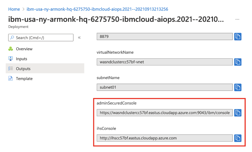 Schermopname van clusterimplementatie in Azure Portal met de pagina Outputs met de velden adminSecuredConsole en ihsConsole gemarkeerd.