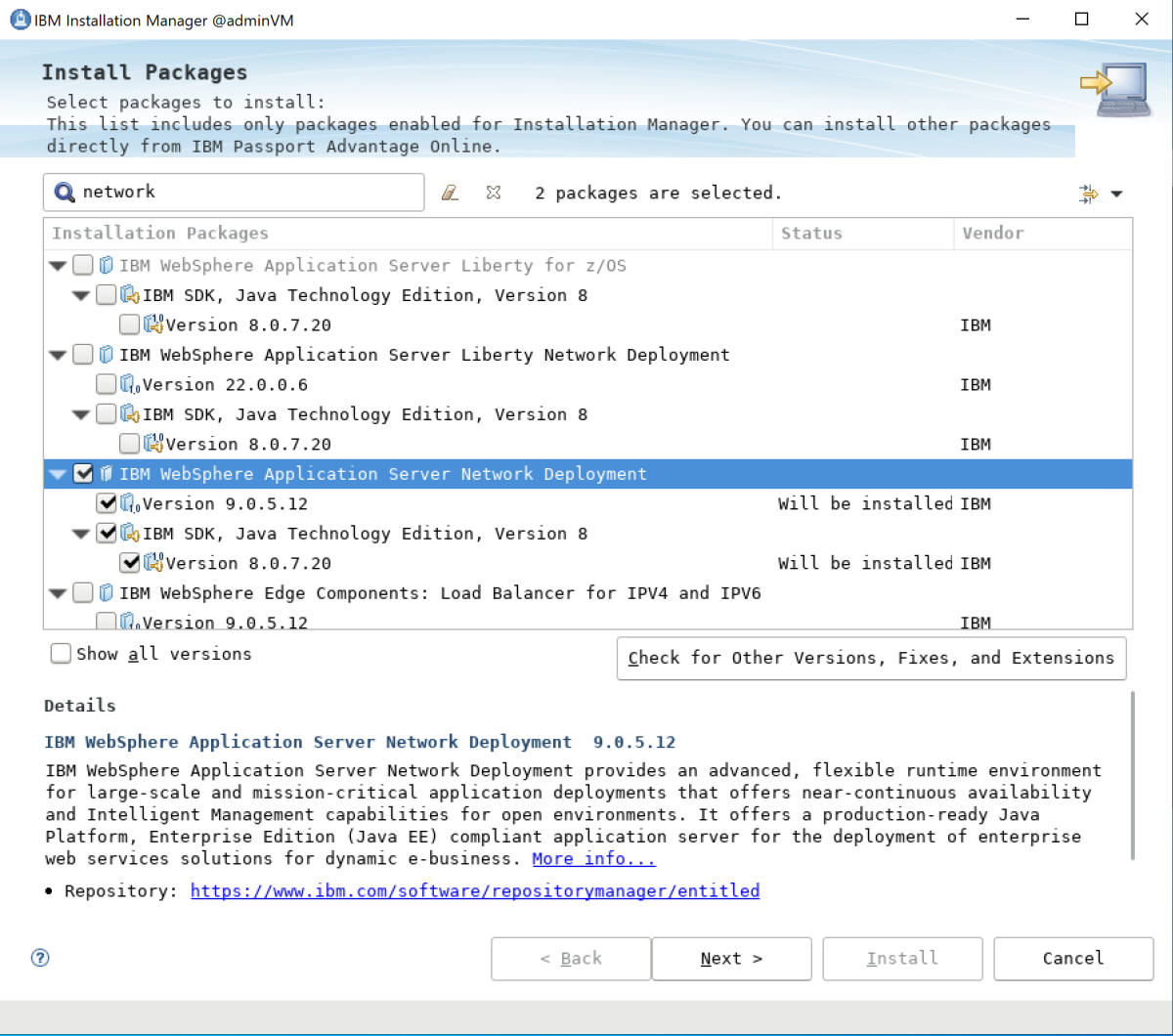 Schermopname van IBM WebSphere Application Server Install Packages geselecteerd.
