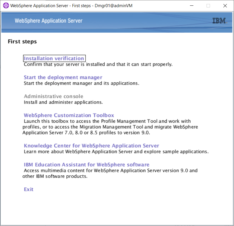 Schermopname van IBM Profile Management Tool, eerste stappen-console.