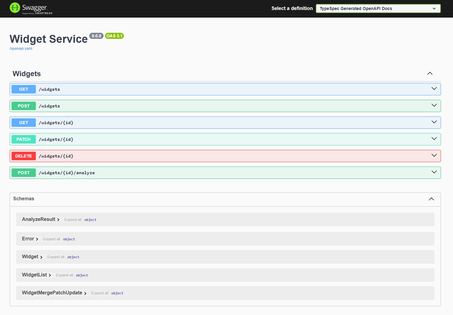 Schermopname van de browser met de Swagger UI voor widgets-API.