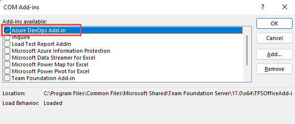 Schermopname van het dialoogvenster COM-invoegtoepassingen, Team Foundation-invoegtoepassing ingeschakeld.